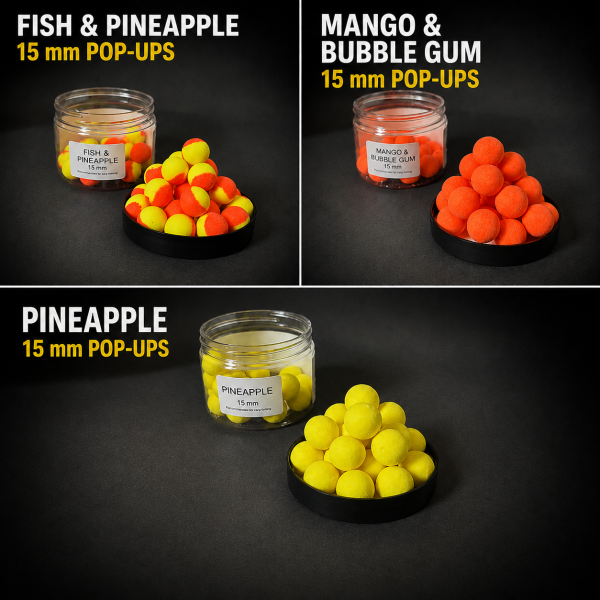 15 mm Pop-Ups masalų rinkinys karpiams – Fish & Pineapple, Mango & Bubble Gum ir Pineapple