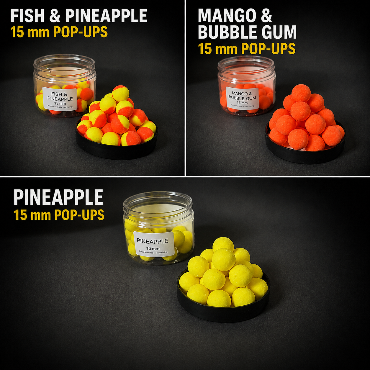 15 mm Pop-Ups masalų rinkinys karpiams – Fish & Pineapple, Mango & Bubble Gum ir Pineapple