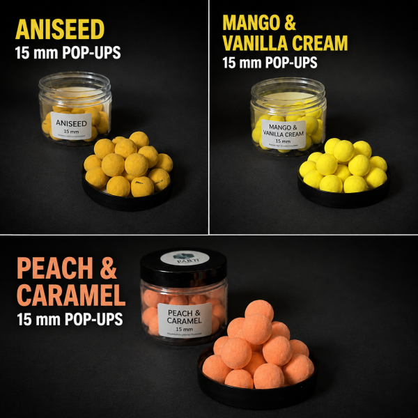15 mm Pop-Ups masalų rinkinys karpiams – Aniseed, Mango & Vanilla Cream, Peach & Caramel