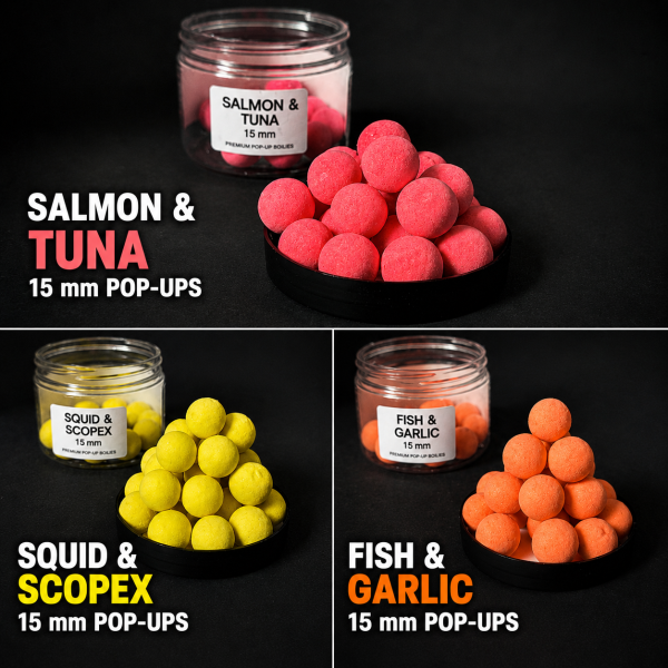 15 mm Pop-Ups masalų rinkinys karpiams – Salmon Tuna, Squid & Scopex ir Fish & Garlic
